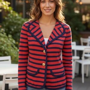 CAbi Sz M Striped Blazer Yacht Club Red Blue Gold Buttons Sweater V Neck Jacket